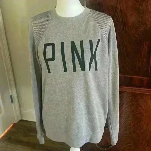 PINK ladies sweatshirt lightweight. Petite Small oversized. Long sleeve gray - Picture 5 of 9